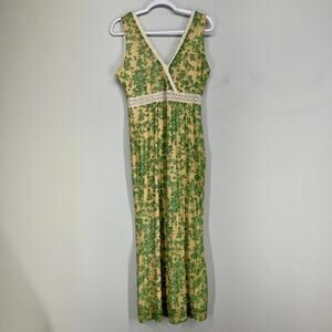 Bodycon Maxi Dress Womens Large Green Yellow Floral Mesh Sleeveless V Neck Long